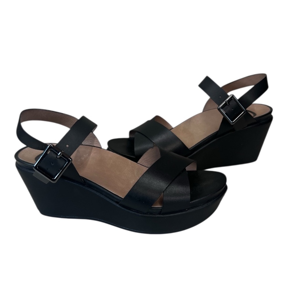Abeo Hana Black Leather Platform Wedge Sandals Size 9N
